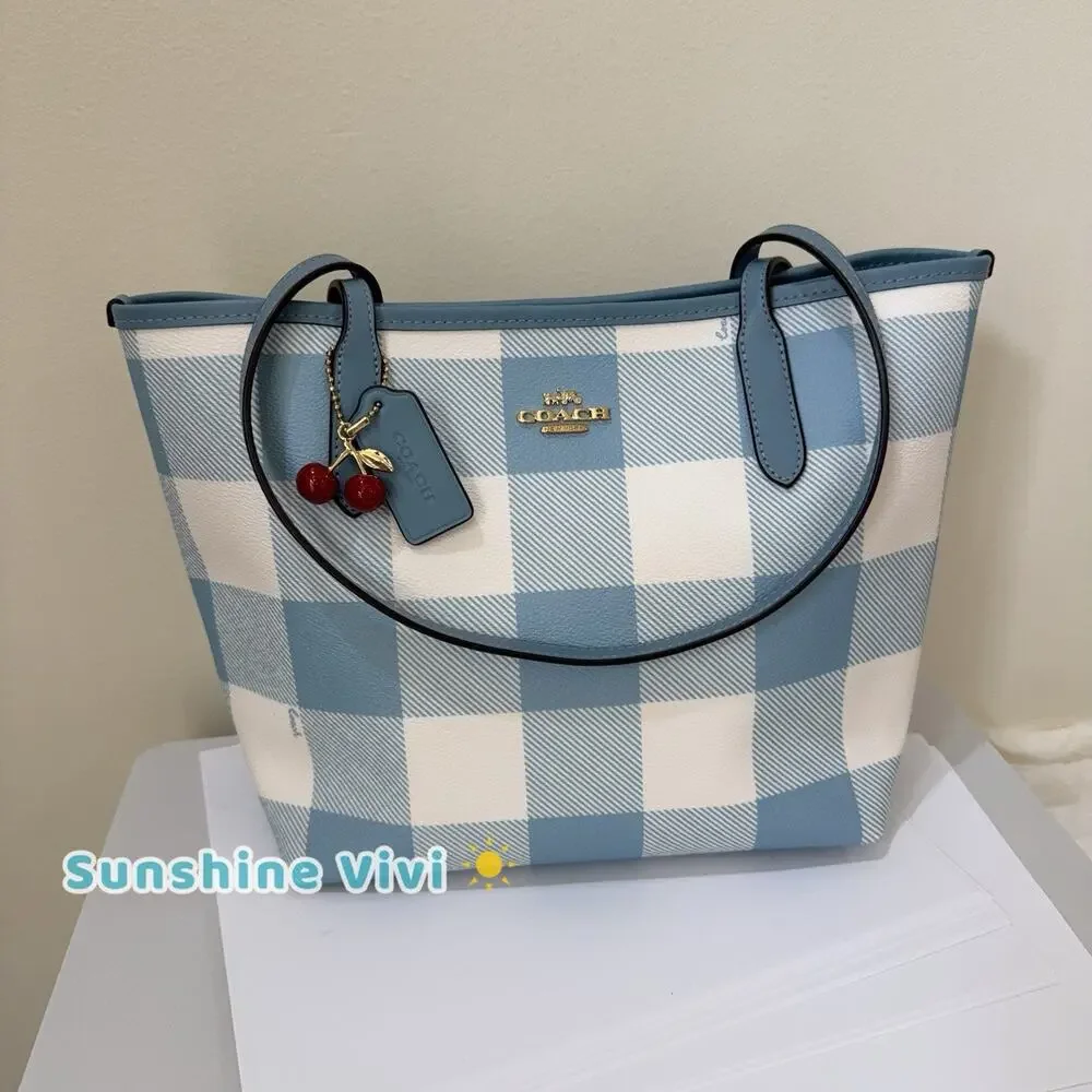 NWT Coach Medium City Tote Bag With Gingham Print And Charm CES66 Blue multi